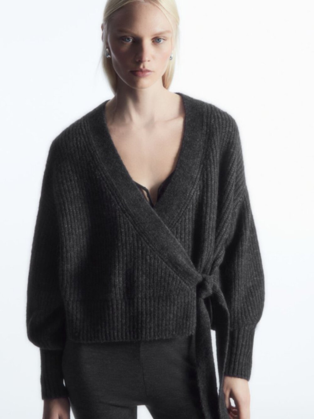COS Textured Alpaca Blend Wrap Cardigan in Dark Grey Melange Size XS